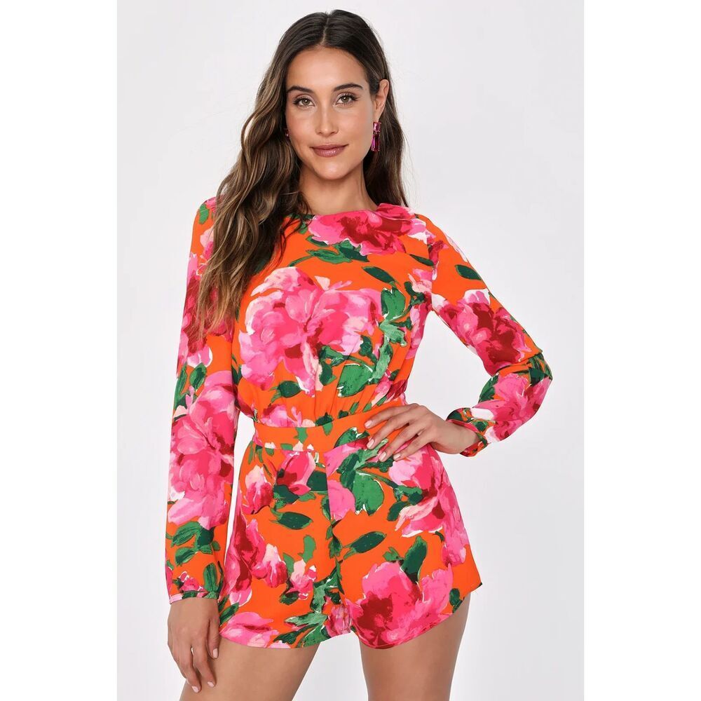 LULUS Sweetest Song Orange Floral Print Romper Sz Large Backless Long Sleeve NWT - Picture 2 of 13